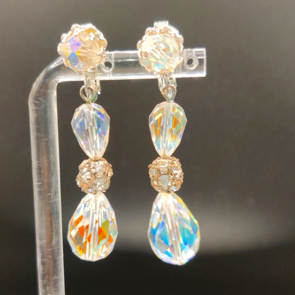 Vintage VENDOME Dangle Aurora Borealis Crystal Rhinestone Clip/Screw Back